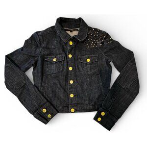 Sneak Peek Long Sleeve Cropped Dark Wash Denim Jacket Gold Hardware Studs Size S